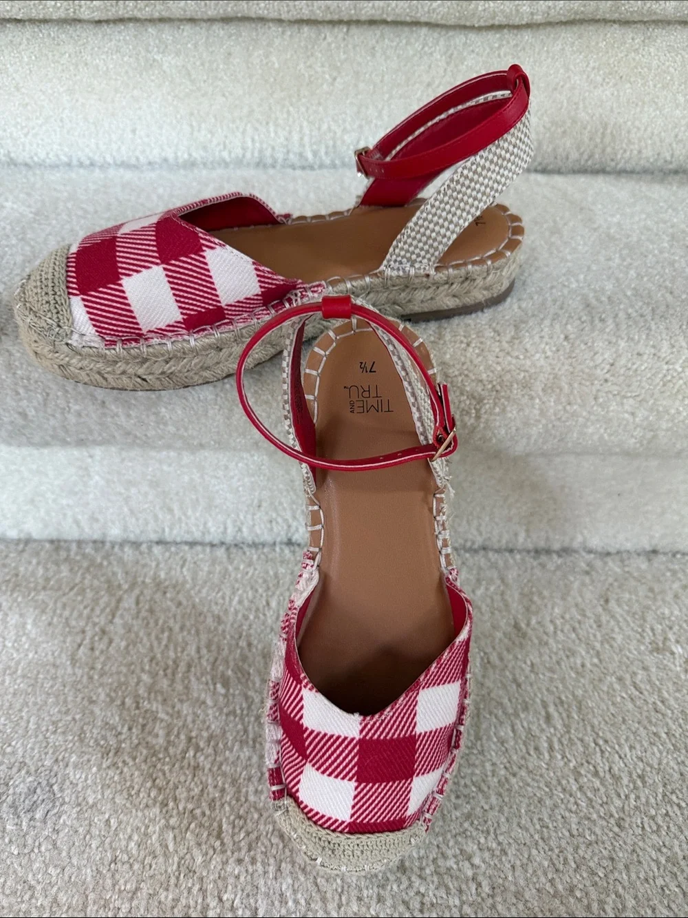 Time and Tru Red and White Gingham Espadrille Sandals with Ankle Strap